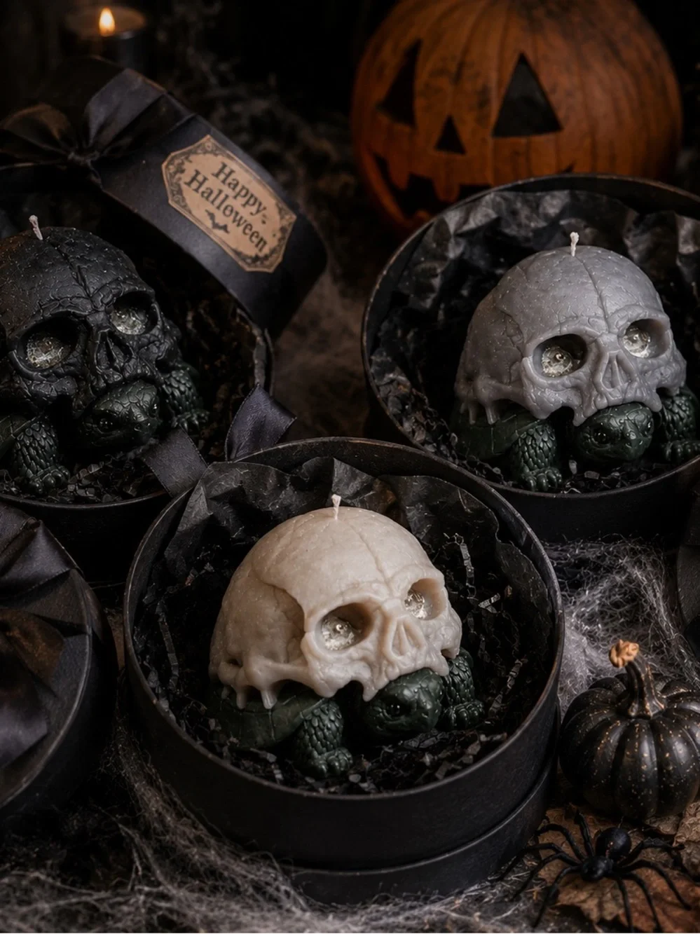 Set of 3 Halloween Skull Turtle Decorative Candle - Gray Green - Handmade